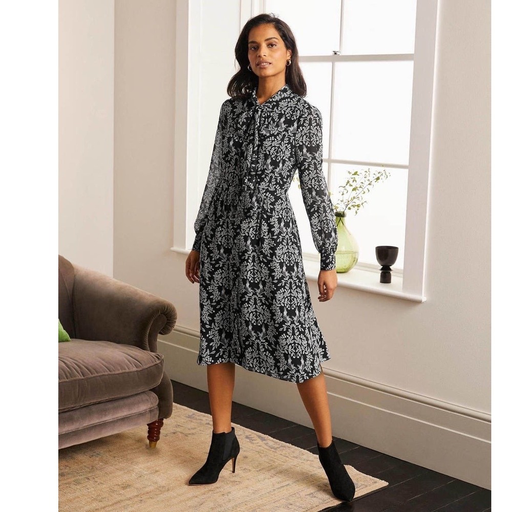 Boden Sylvia Birds of Paradise Print Bow Midi Dress Long Sleeve Georgette US 10R